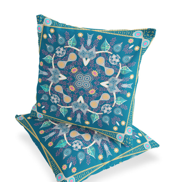 Homeroots Set Of Two 16" X 16" Blue And Yellow Blown Seam Paisley Indoor Outdoor Throw Pillow  Polyester 535740