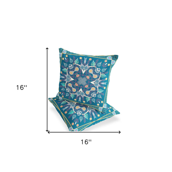 Homeroots Set Of Two 16" X 16" Blue And Yellow Blown Seam Paisley Indoor Outdoor Throw Pillow  Polyester 535740