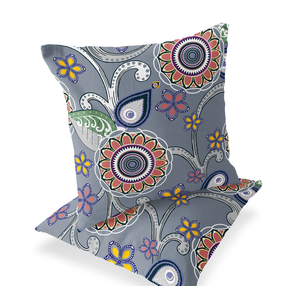 Homeroots Set Of Two 16" X 16" Gray And Red Blown Seam Floral Indoor Outdoor Throw Pillow  Polyester 535741