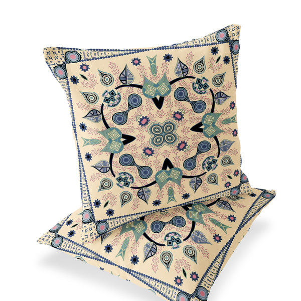 Homeroots Set Of Two 16" X 16" Beige And Black Blown Seam Paisley Indoor Outdoor Throw Pillow  Polyester 535743