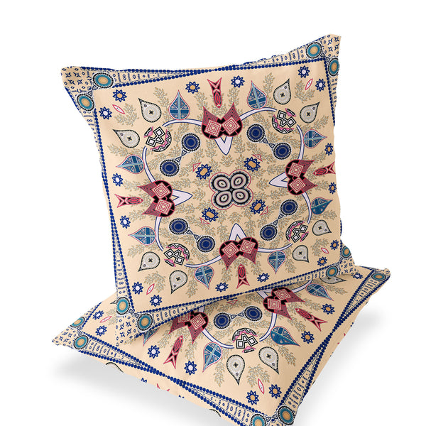 Homeroots Set Of Two 16" X 16" Beige And Blue Blown Seam Paisley Indoor Outdoor Throw Pillow  Polyester 535744