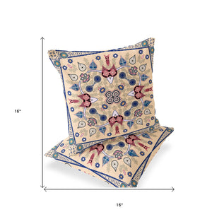 Homeroots Set Of Two 16" X 16" Beige And Blue Blown Seam Paisley Indoor Outdoor Throw Pillow  Polyester 535744
