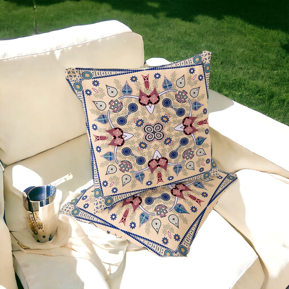 Homeroots Set Of Two 16" X 16" Beige And Blue Blown Seam Paisley Indoor Outdoor Throw Pillow  Polyester 535744