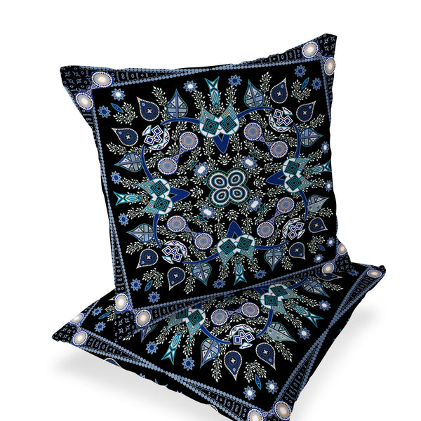 Homeroots Set Of Two 16" X 16" Black And Blue Blown Seam Paisley Indoor Outdoor Throw Pillow  Polyester 535745