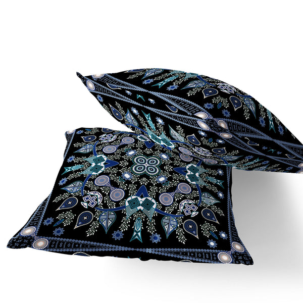 Homeroots Set Of Two 16" X 16" Black And Blue Blown Seam Paisley Indoor Outdoor Throw Pillow  Polyester 535745