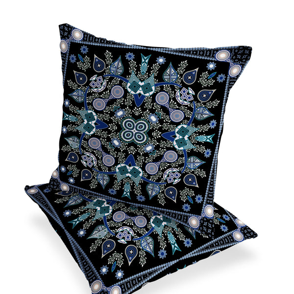 Homeroots Set Of Two 16" X 16" Black And Blue Blown Seam Paisley Indoor Outdoor Throw Pillow  Polyester 535745