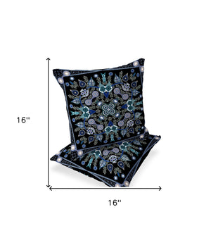 Homeroots Set Of Two 16" X 16" Black And Blue Blown Seam Paisley Indoor Outdoor Throw Pillow  Polyester 535745