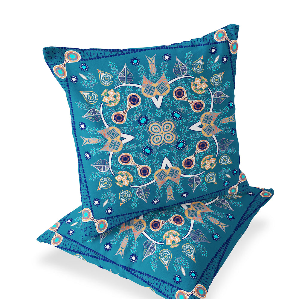 Homeroots Set Of Two 16" X 16" Beige And Blue Blown Seam Paisley Indoor Outdoor Throw Pillow  Polyester 535746