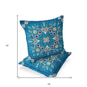 Homeroots Set Of Two 16" X 16" Beige And Blue Blown Seam Paisley Indoor Outdoor Throw Pillow  Polyester 535746