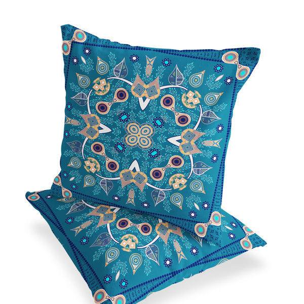Homeroots Set Of Two 16" X 16" Beige And Blue Blown Seam Paisley Indoor Outdoor Throw Pillow  Polyester 535746
