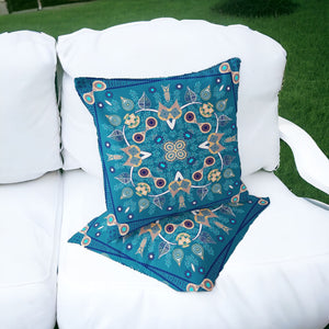 Homeroots Set Of Two 16" X 16" Beige And Blue Blown Seam Paisley Indoor Outdoor Throw Pillow  Polyester 535746