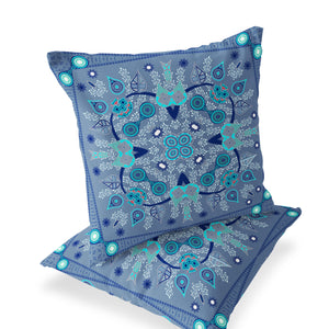 Homeroots Set Of Two 16" X 16" Blue And White Blown Seam Paisley Indoor Outdoor Throw Pillow  Polyester 535747
