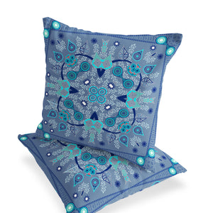 Homeroots Set Of Two 16" X 16" Blue And White Blown Seam Paisley Indoor Outdoor Throw Pillow  Polyester 535747