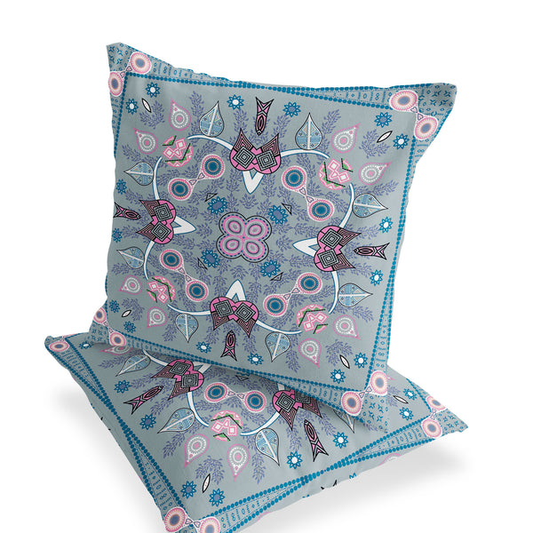 Homeroots Set Of Two 16" X 16" Gray And Pink Blown Seam Paisley Indoor Outdoor Throw Pillow  Polyester 535749