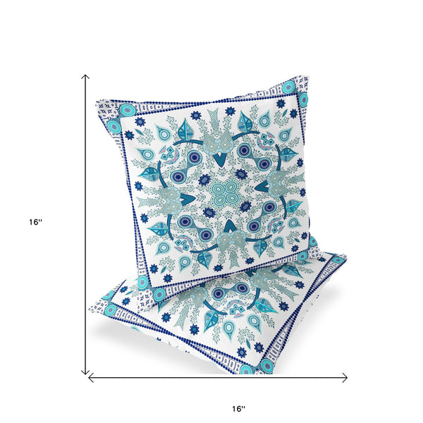 Homeroots Set Of Two 16" X 16" Blue And White Blown Seam Paisley Indoor Outdoor Throw Pillow  Polyester 535754