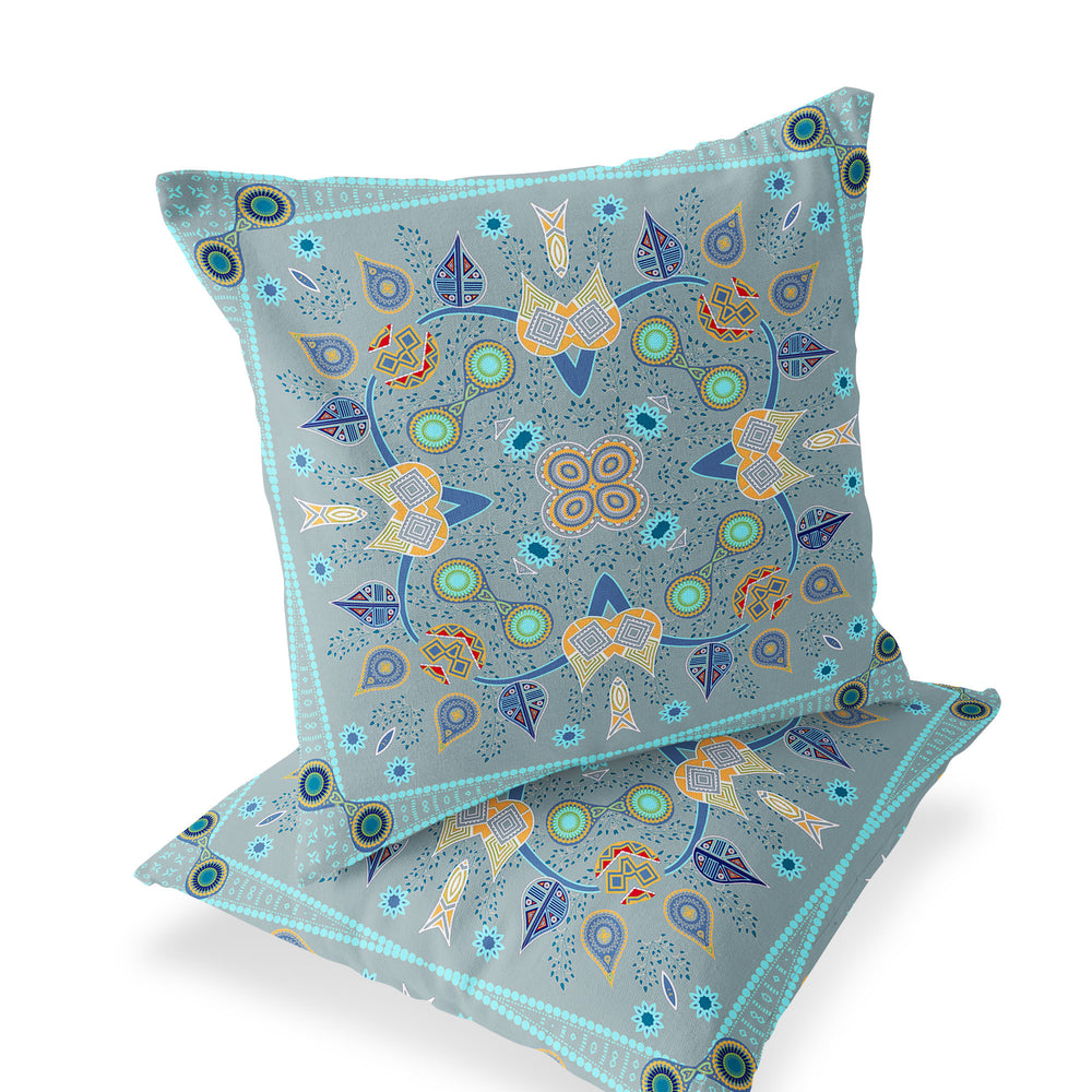 Homeroots Set Of Two 16" X 16" Blue And Gray Blown Seam Paisley Indoor Outdoor Throw Pillow  Polyester 535755