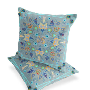 Homeroots Set Of Two 16" X 16" Blue And Gray Blown Seam Paisley Indoor Outdoor Throw Pillow  Polyester 535755