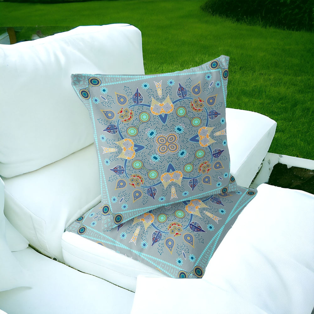 Homeroots Set Of Two 16" X 16" Blue And Gray Blown Seam Paisley Indoor Outdoor Throw Pillow  Polyester 535755