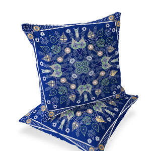 Homeroots Set Of Two 16" X 16" Beige And Blue Blown Seam Paisley Indoor Outdoor Throw Pillow  Polyester 535757
