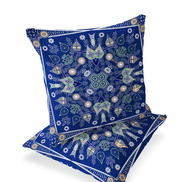 Homeroots Set Of Two 16" X 16" Beige And Blue Blown Seam Paisley Indoor Outdoor Throw Pillow  Polyester 535757