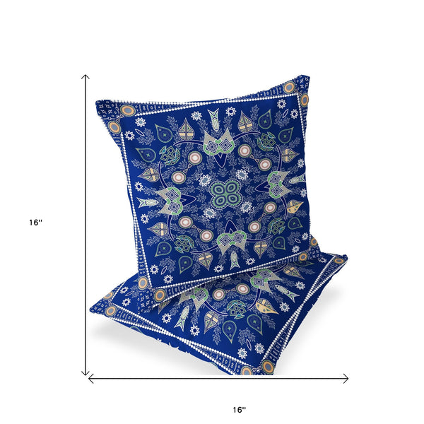 Homeroots Set Of Two 16" X 16" Beige And Blue Blown Seam Paisley Indoor Outdoor Throw Pillow  Polyester 535757