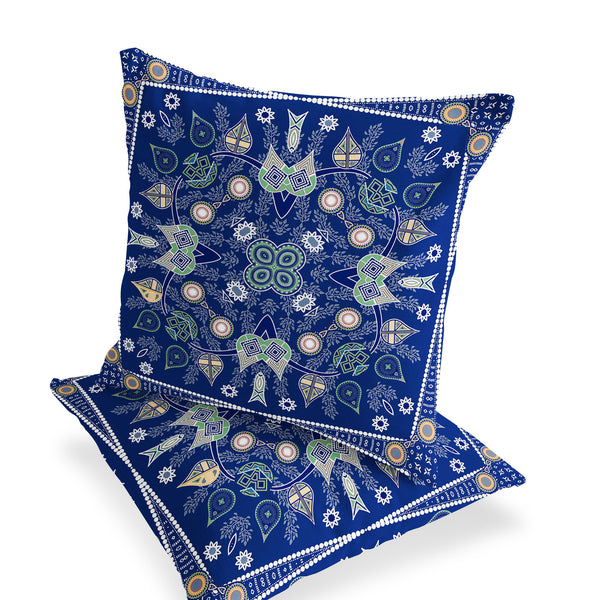 Homeroots Set Of Two 16" X 16" Beige And Blue Blown Seam Paisley Indoor Outdoor Throw Pillow  Polyester 535757