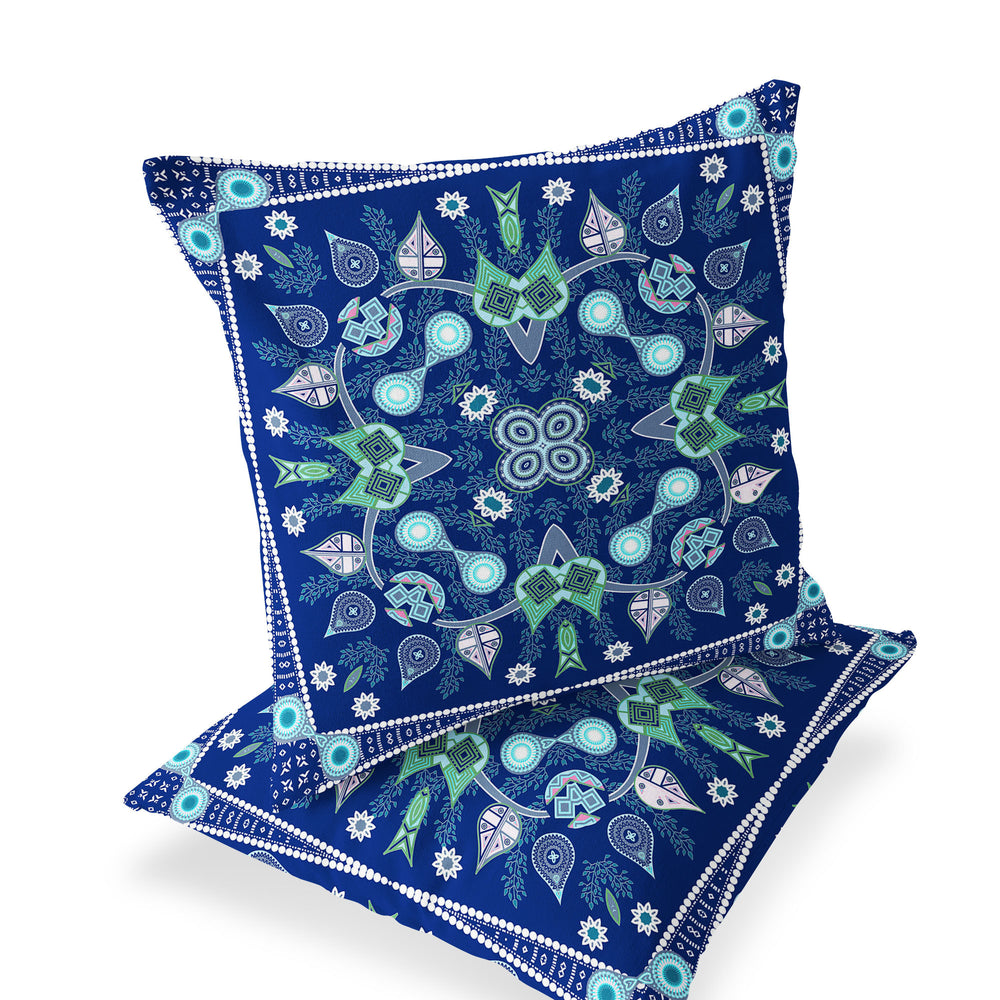 Homeroots Set Of Two 16" X 16" Blue And Green Blown Seam Paisley Indoor Outdoor Throw Pillow  Polyester 535758