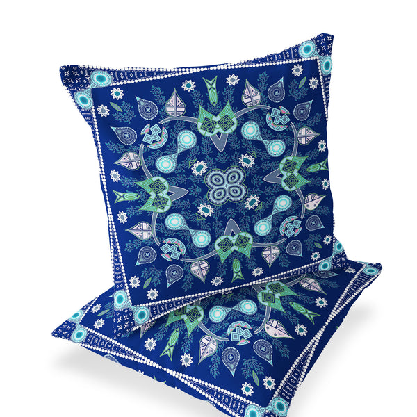 Homeroots Set Of Two 16" X 16" Blue And Green Blown Seam Paisley Indoor Outdoor Throw Pillow  Polyester 535758