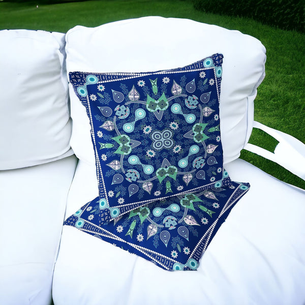 Homeroots Set Of Two 16" X 16" Blue And Green Blown Seam Paisley Indoor Outdoor Throw Pillow  Polyester 535758