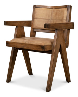 Sarreid Angus Chair - Elegant Pine Design With Rich Brown Finish And Luxurious Brown Leather Upholstery Brown  53576-2