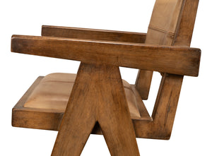 Sarreid Angus Chair - Elegant Pine Design With Rich Brown Finish And Luxurious Brown Leather Upholstery Brown  53576-2