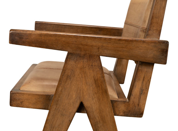 Sarreid Angus Chair - Elegant Pine Design With Rich Brown Finish And Luxurious Brown Leather Upholstery Brown  53576-2