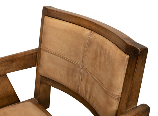 Sarreid Angus Chair - Elegant Pine Design With Rich Brown Finish And Luxurious Brown Leather Upholstery Brown  53576-2