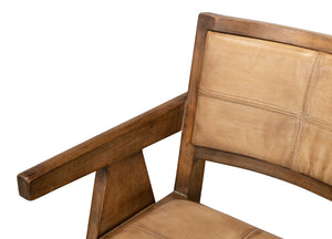 Sarreid Angus Chair - Elegant Pine Design With Rich Brown Finish And Luxurious Brown Leather Upholstery Brown  53576-2