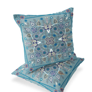 Homeroots Set Of Two 16" X 16" Beige And Blue Blown Seam Paisley Indoor Outdoor Throw Pillow  Polyester 535760