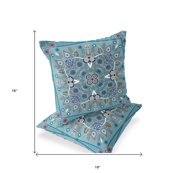 Homeroots Set Of Two 16" X 16" Beige And Blue Blown Seam Paisley Indoor Outdoor Throw Pillow  Polyester 535760