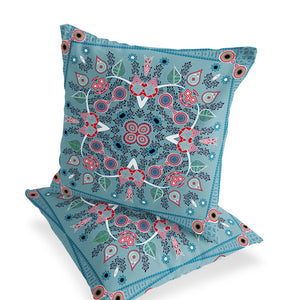 Homeroots Set Of Two 16" X 16" Blue And White Blown Seam Paisley Indoor Outdoor Throw Pillow  Polyester 535761