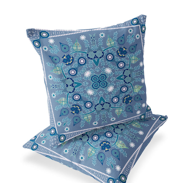 Homeroots Set Of Two 16" X 16" Blue And White Blown Seam Paisley Indoor Outdoor Throw Pillow  Polyester 535762