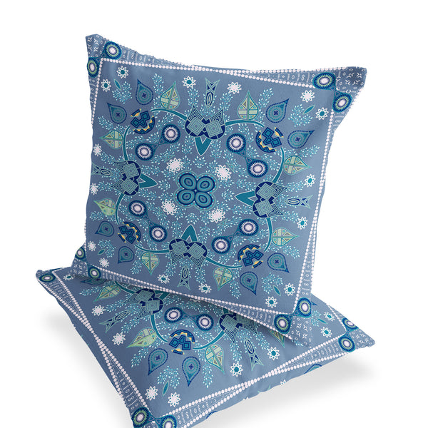 Homeroots Set Of Two 16" X 16" Blue And White Blown Seam Paisley Indoor Outdoor Throw Pillow  Polyester 535762