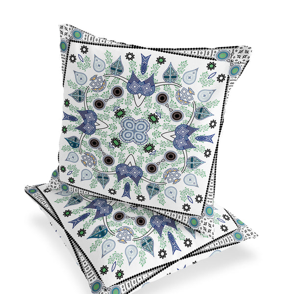 Homeroots Set Of Two 16" X 16" Blue And Off White Blown Seam Paisley Indoor Outdoor Throw Pillow  Polyester 535765