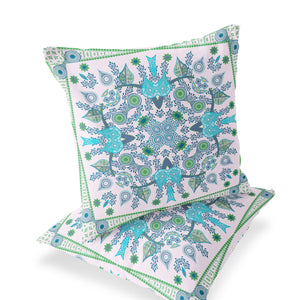 Homeroots Set Of Two 16" X 16" Green And White Blown Seam Paisley Indoor Outdoor Throw Pillow  Polyester 535768