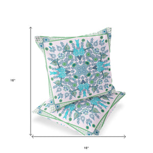 Homeroots Set Of Two 16" X 16" Green And White Blown Seam Paisley Indoor Outdoor Throw Pillow  Polyester 535768