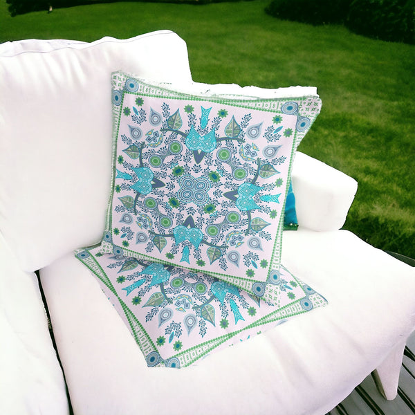 Homeroots Set Of Two 16" X 16" Green And White Blown Seam Paisley Indoor Outdoor Throw Pillow  Polyester 535768