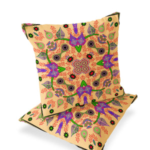 Homeroots Set Of Two 16" X 16" Beige And Green Blown Seam Paisley Indoor Outdoor Throw Pillow  Polyester 535772