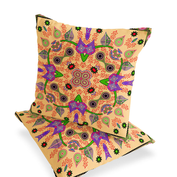 Homeroots Set Of Two 16" X 16" Beige And Green Blown Seam Paisley Indoor Outdoor Throw Pillow  Polyester 535772