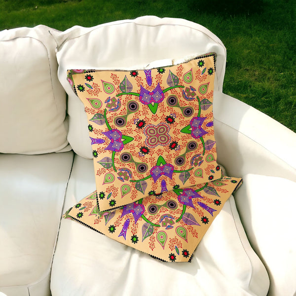 Homeroots Set Of Two 16" X 16" Beige And Green Blown Seam Paisley Indoor Outdoor Throw Pillow  Polyester 535772