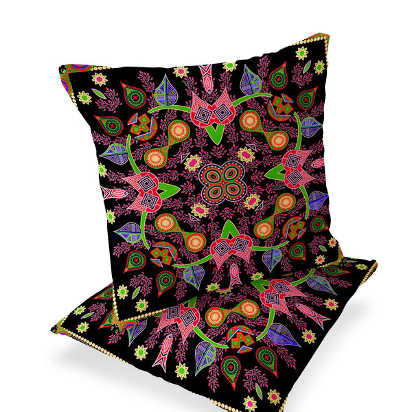 Homeroots Set Of Two 16" X 16" Black And Pink Blown Seam Paisley Indoor Outdoor Throw Pillows  Polyester 535773