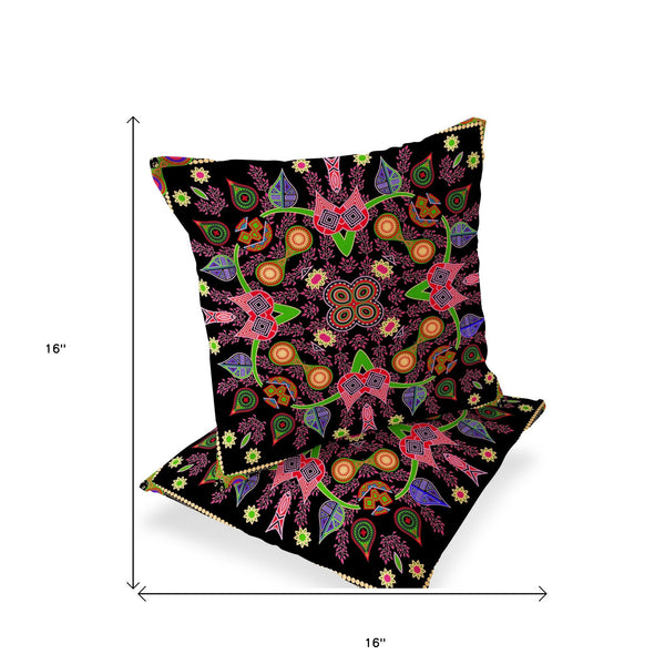Homeroots Set Of Two 16" X 16" Black And Pink Blown Seam Paisley Indoor Outdoor Throw Pillows  Polyester 535773