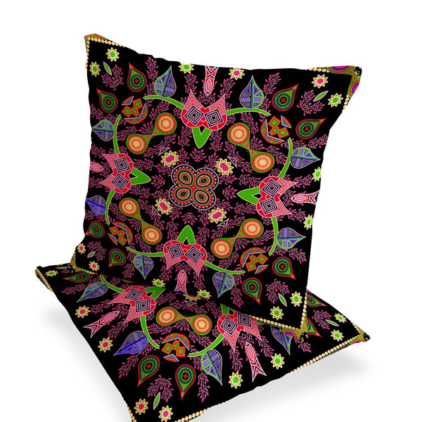Homeroots Set Of Two 16" X 16" Black And Pink Blown Seam Paisley Indoor Outdoor Throw Pillows  Polyester 535773