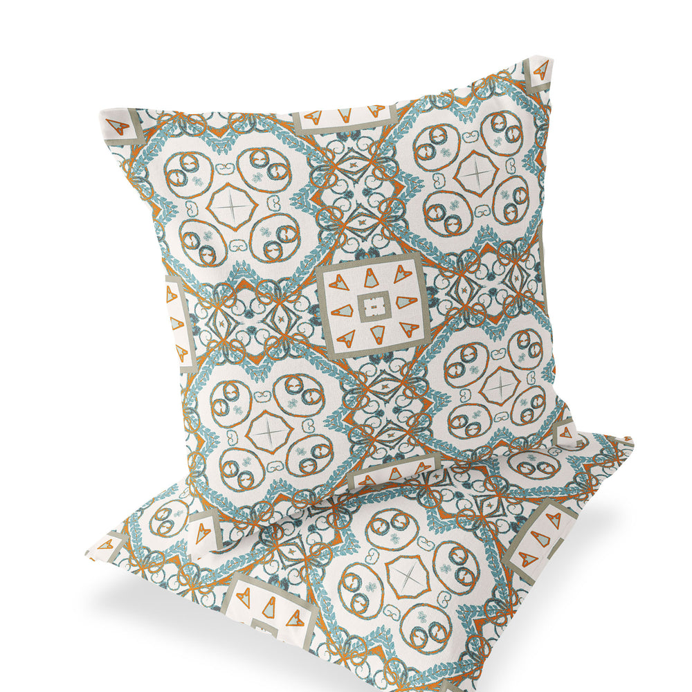 Homeroots Set Of Two 16" X 16" Orange And White Blown Seam Eclectic Indoor Outdoor Throw Pillow  Polyester 535774